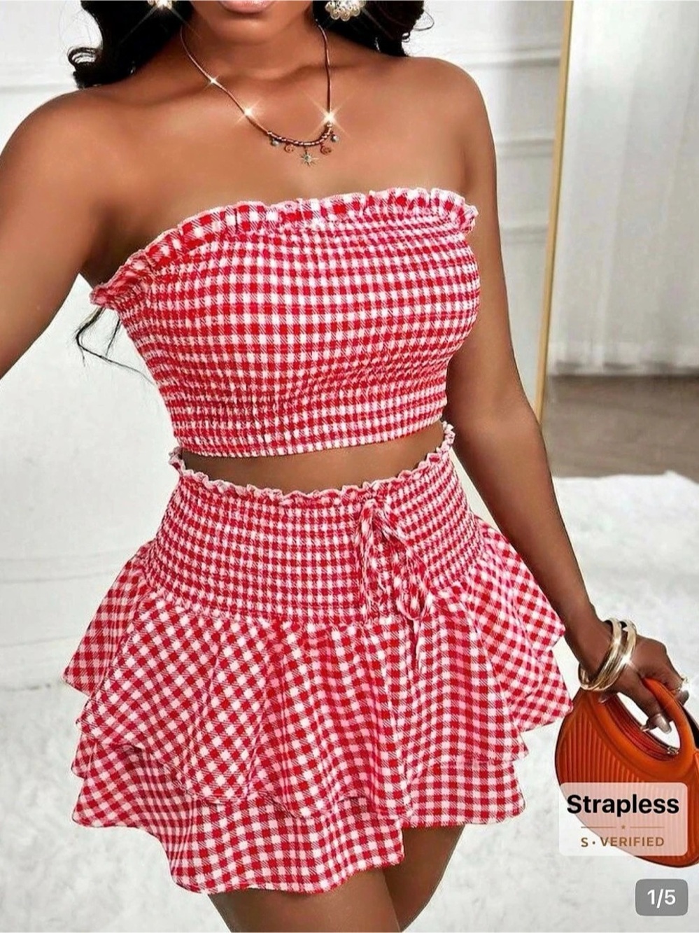 SHEIN Shirred Gingham Tube Top & Layered skort Set Red & White